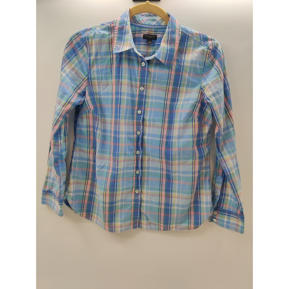 Talbots Petite Small Blue Pink Yellow Plaid Cotton Button Down Shirt Long Sleeve